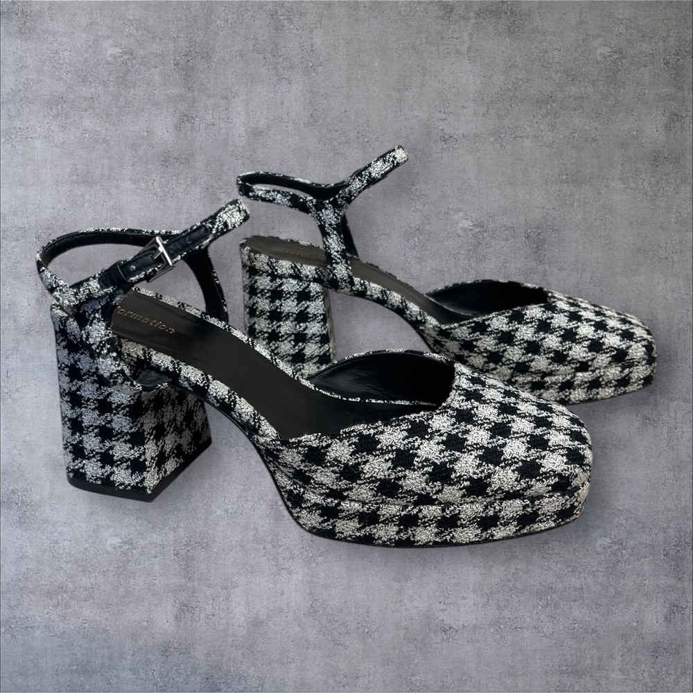 Reformation Marisol Platform Heel Shoes Black White Houndstooth Fabric Women 7